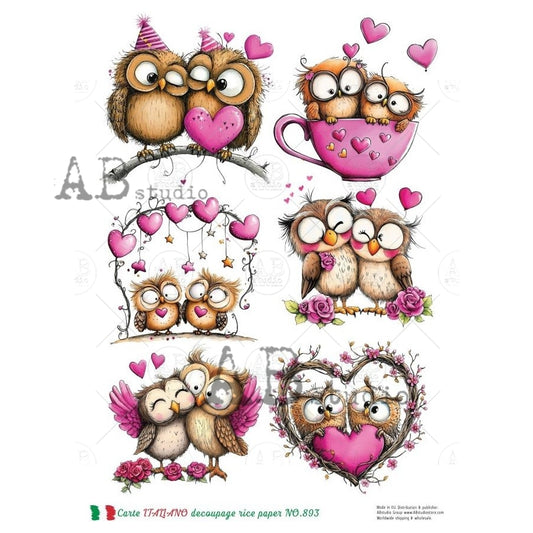 A4 Valentine's Owls Decoupage Rice Paper (Carte Italiano No 893)
