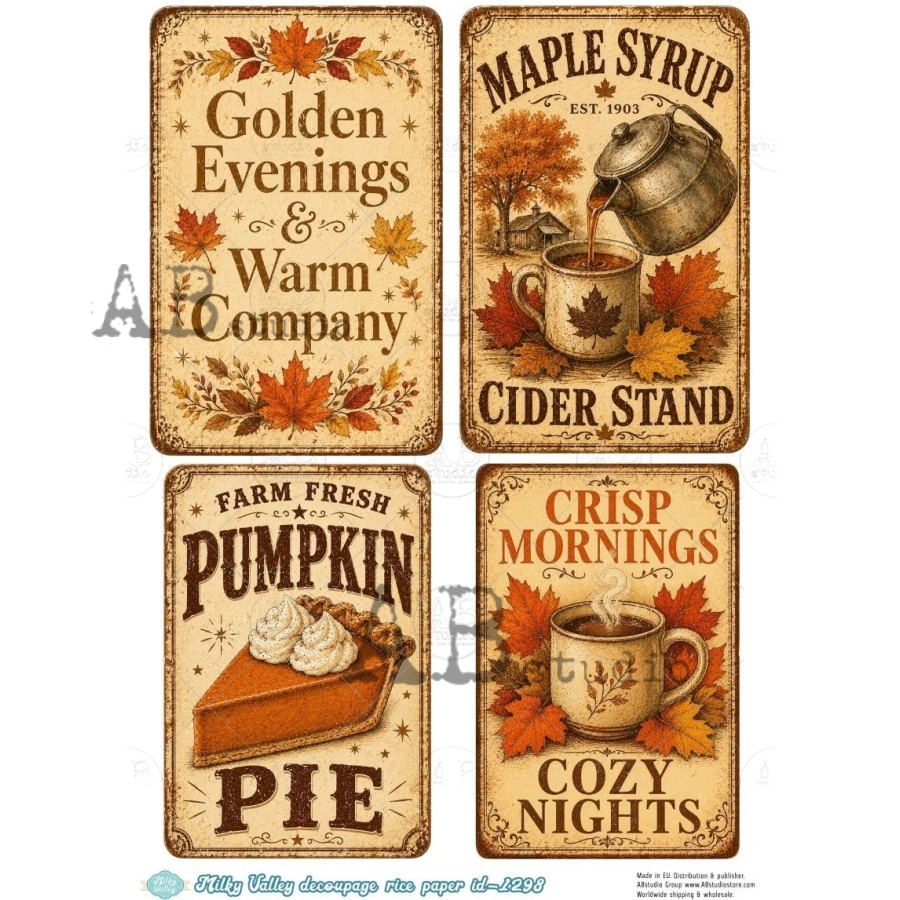 A4 Vintage Autumn Signs Decoupage Rice Paper (Milky Valley ID-1298)