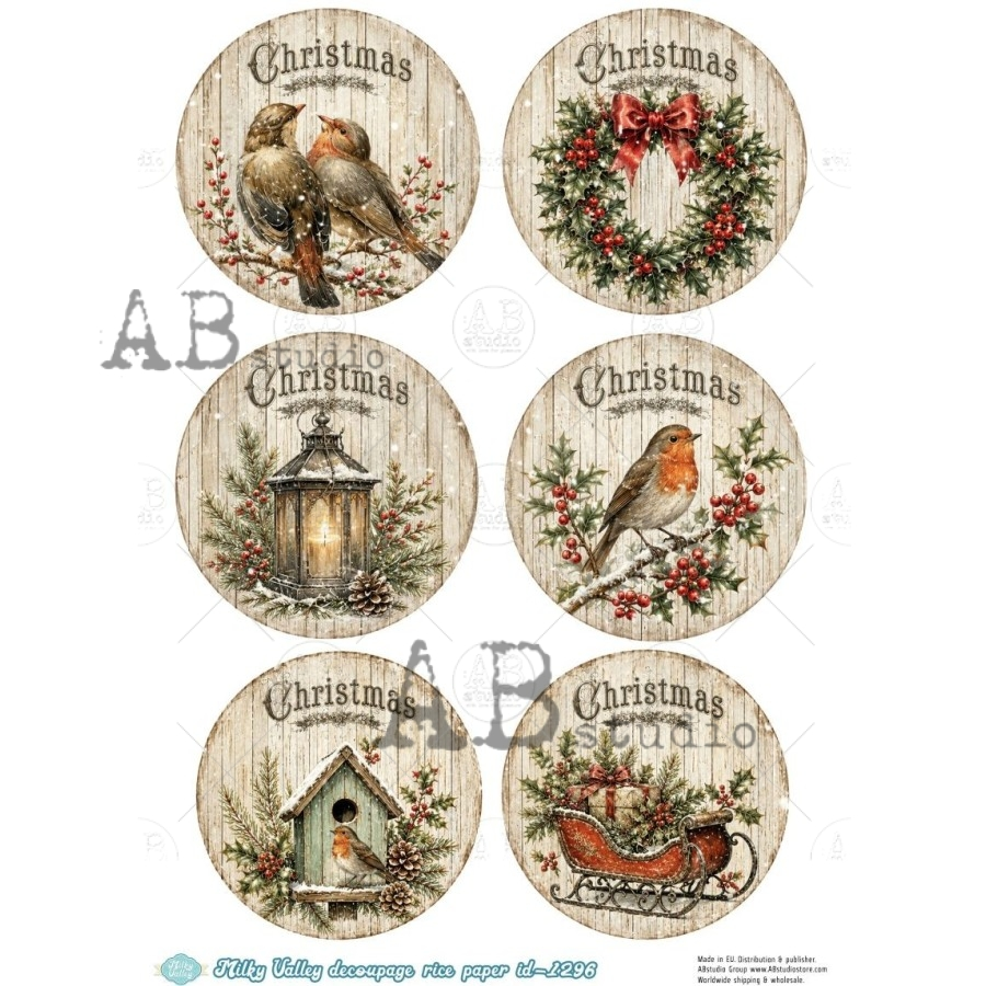 A4 Woodland Christmas Circles Decoupage Rice Paper (Milky Valley ID-1296)