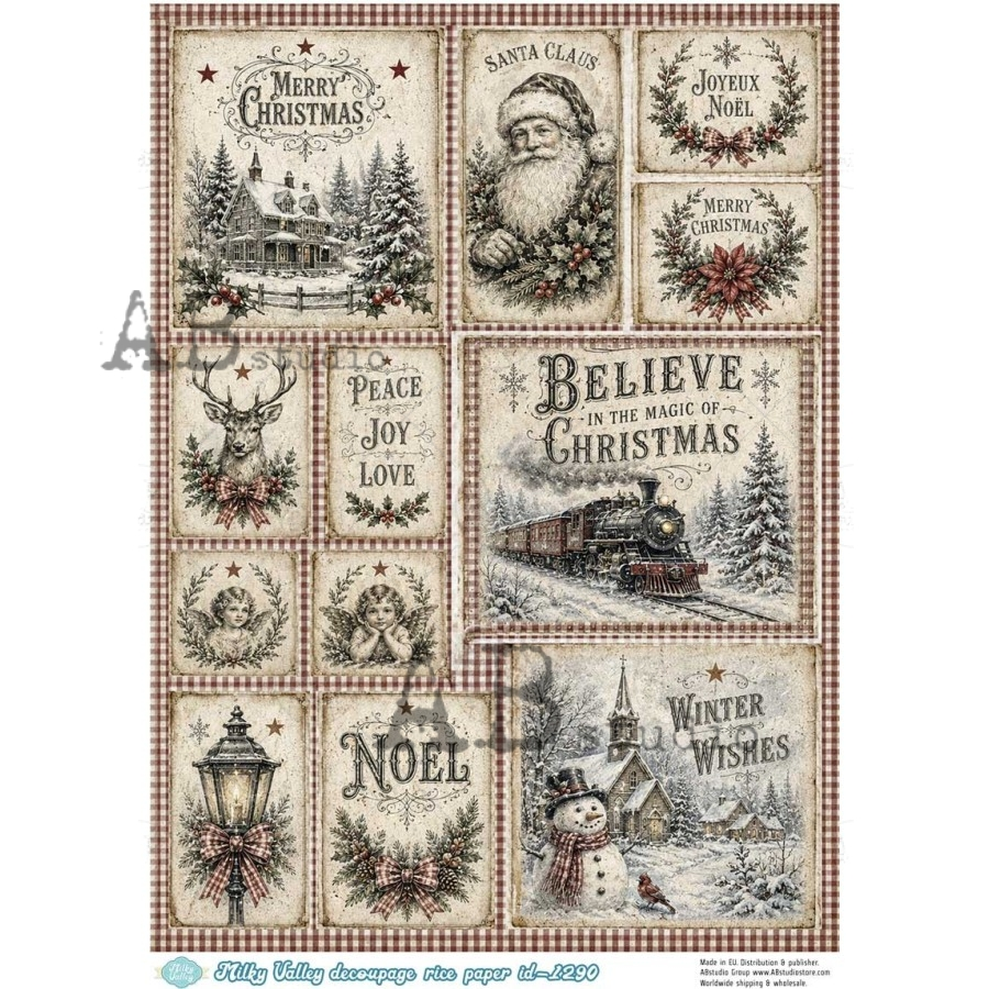 A4 Vintage Christmas Collage Decoupage Rice Paper (Milky Valley ID-1290)