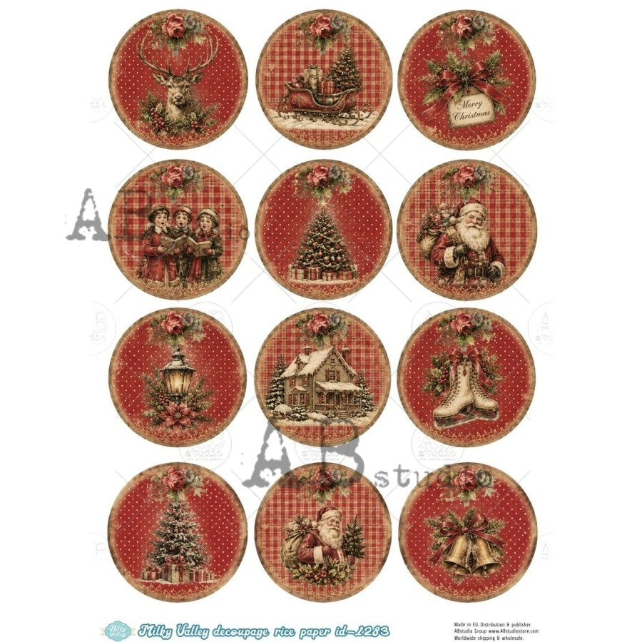 A4 Vintage Christmas Circles Decoupage Rice Paper (Milky Valley ID-1283)