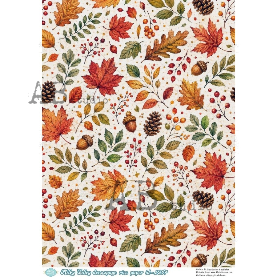 A4 Autumn Leaves and Acorns Decoupage Rice Paper (Milky Valley ID-1257)