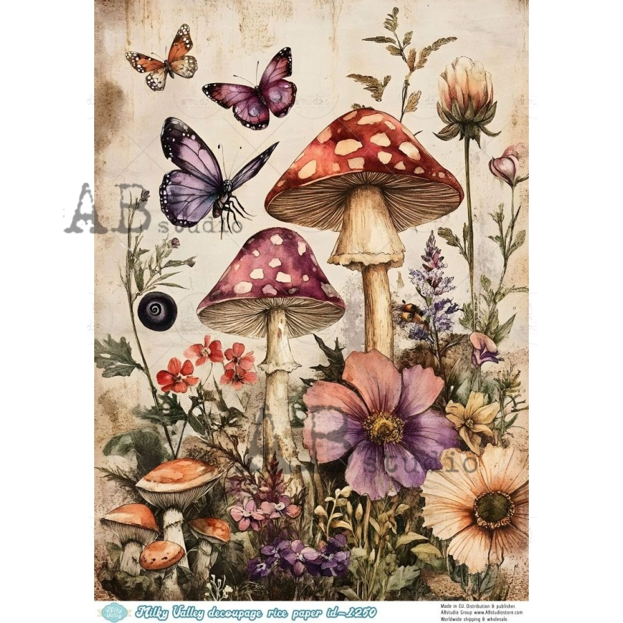 A4 Woodland Mushrooms and Butterflies Decoupage Rice Paper (Milky Valley ID-1254)
