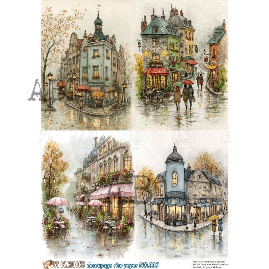 A4 Rainy European Streets Decoupage Rice Paper (55 Cartoons No. 335)