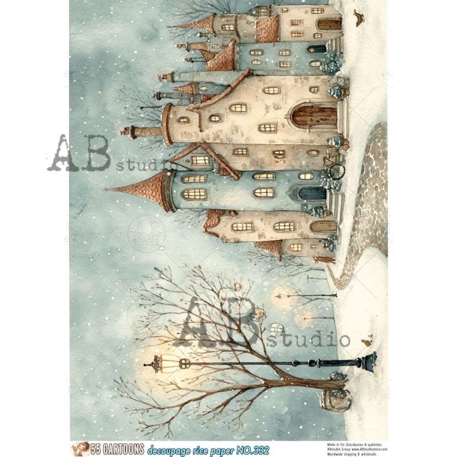 A4 Snowy Winter Village Decoupage Rice Paper (55 Cartoons No. 332)