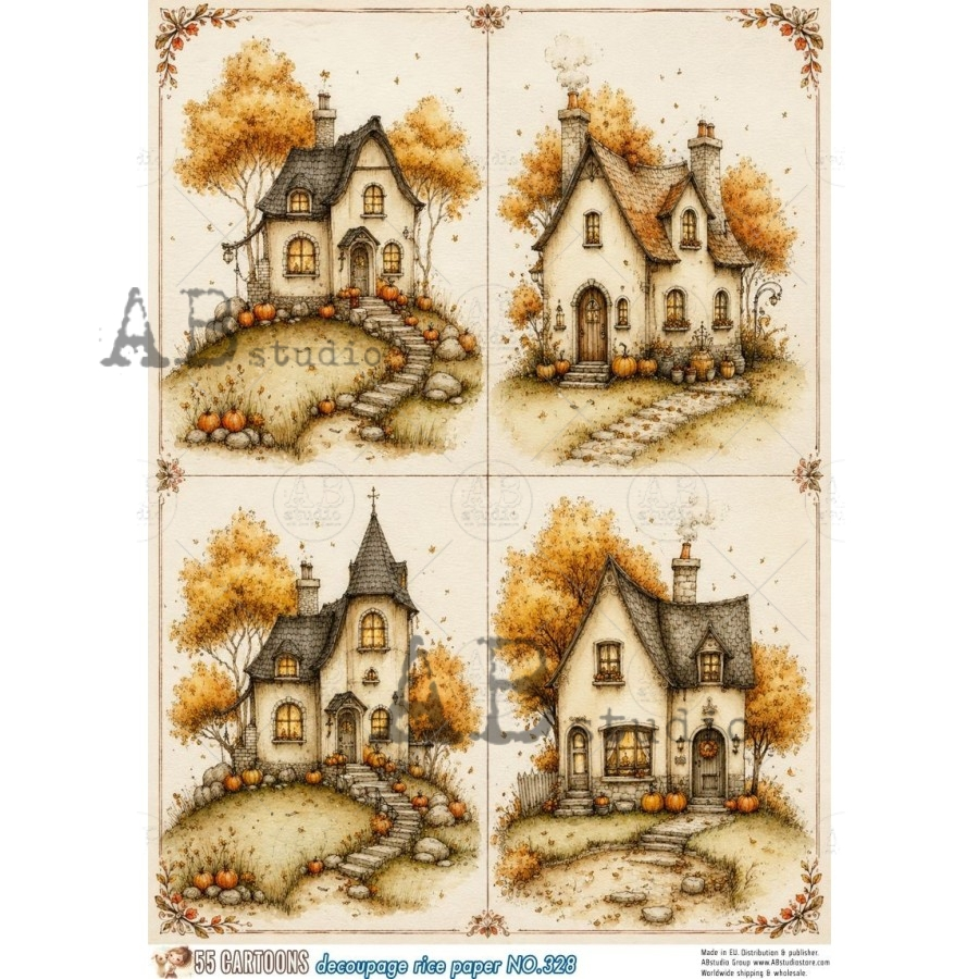 A4 Vintage Autumn Cottage Decoupage Rice Paper (55 Cartoons No. 328)
