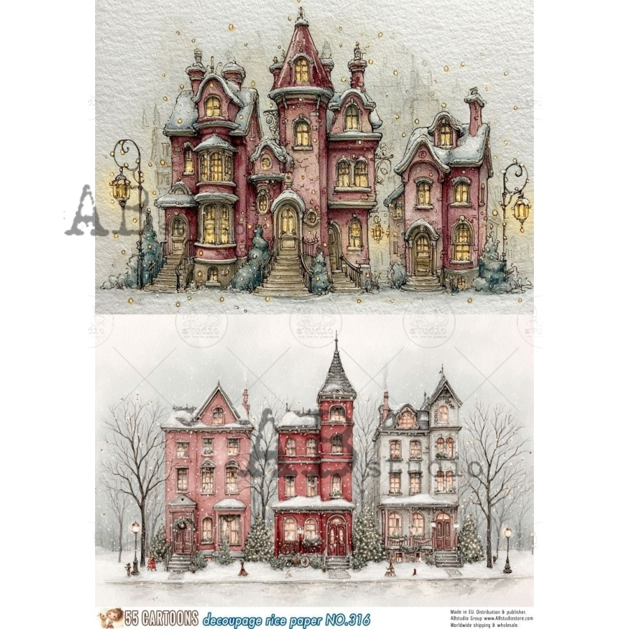 A4 Snowy Victorian Houses Decoupage Rice Paper (55 Cartoons No. 316)