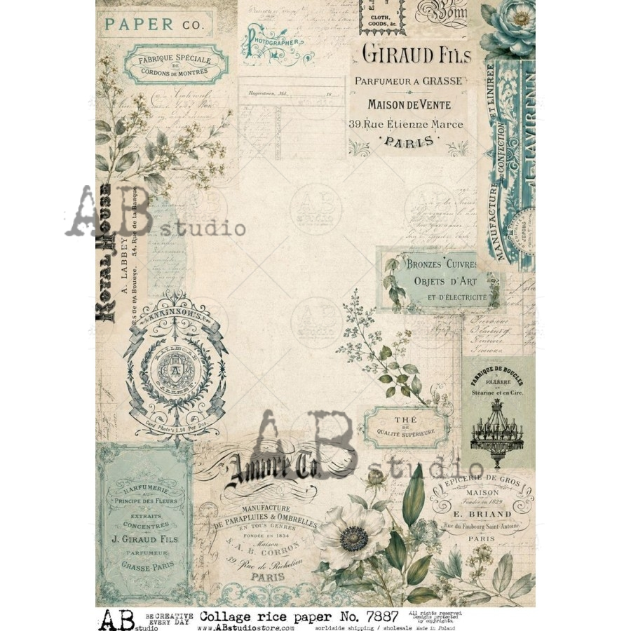 A4 French Ephemera and Florals Collage Rice Paper (AB Studio No. 7887)