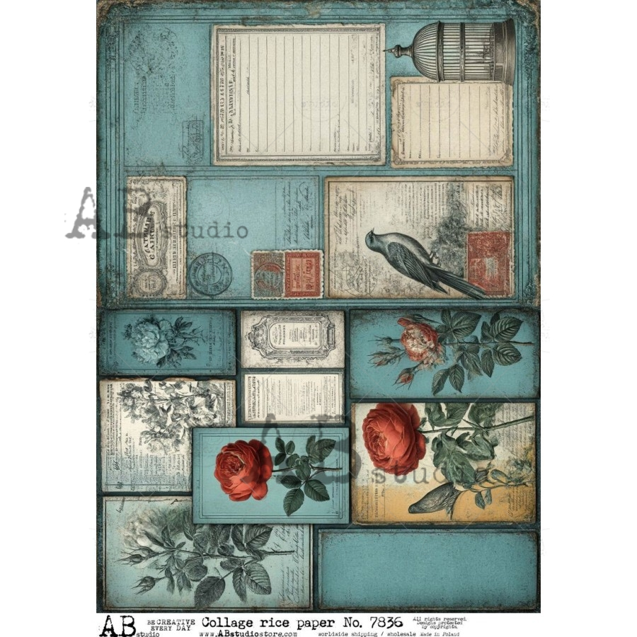 A4 Vintage Roses and Ephemera Collage Rice Paper (AB Studio No. 7836)