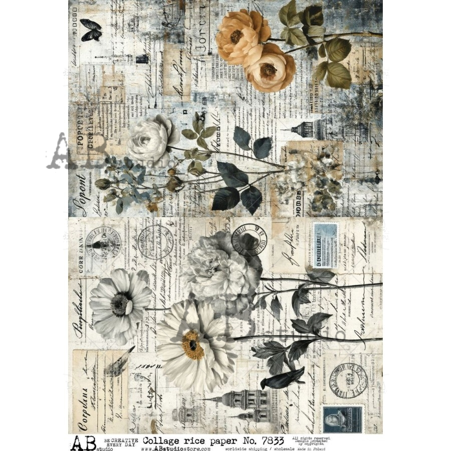 A4 Vintage Florals and Script Collage Rice Paper (AB Studio No. 7833)