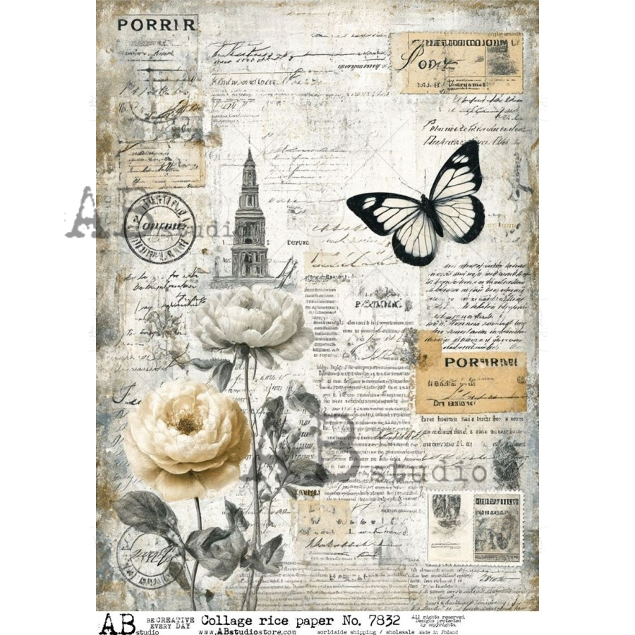 A4 Vintage Butterfly and Florals Collage Rice Paper (AB Studio No. 7832)