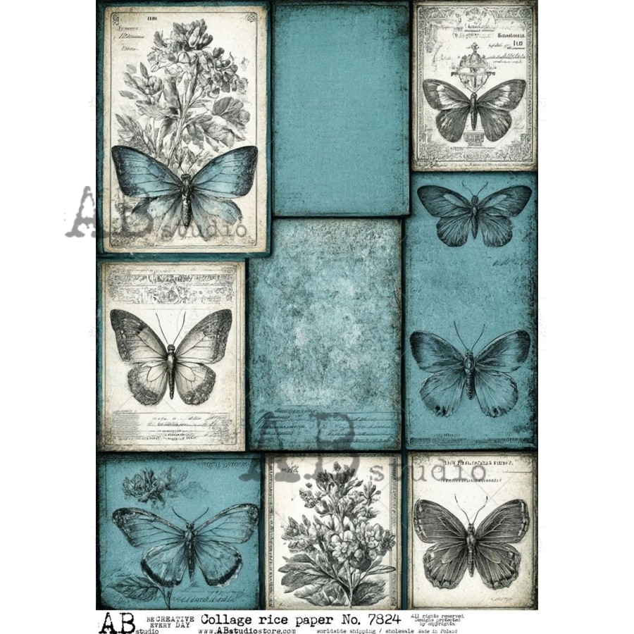 A4 Vintage Blue Butterflies Collage Rice Paper (AB Studio No. 7824)