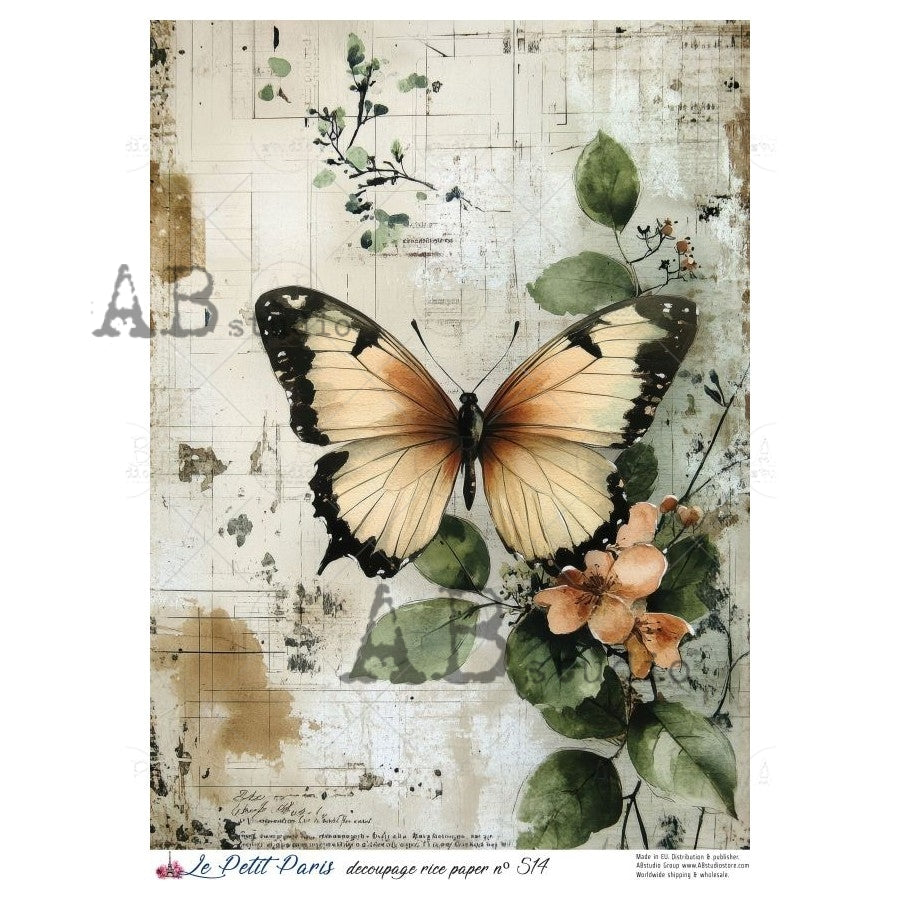 A4 Amberwing Garden Decoupage Rice Paper (Le Petit Paris no 514)