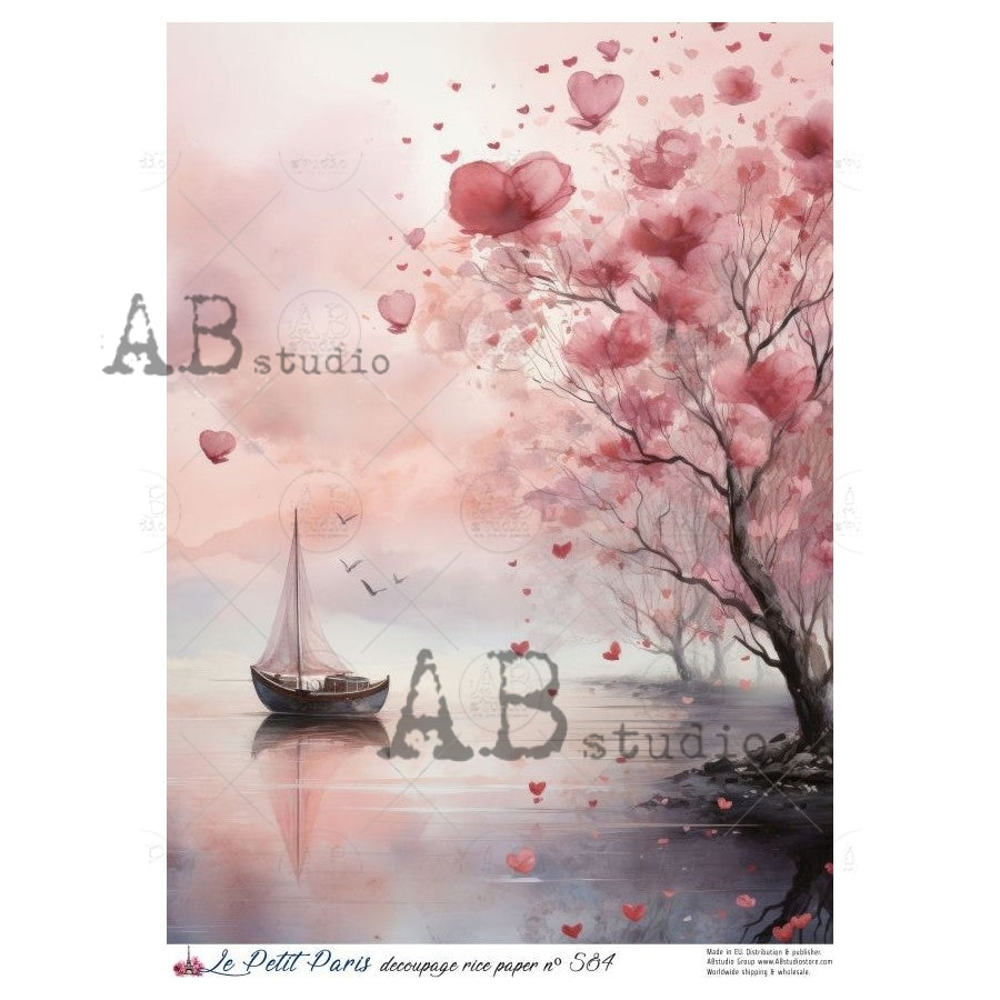 A4 Hearts Afloat Decoupage Rice Paper (Le Petit Paris No 584)