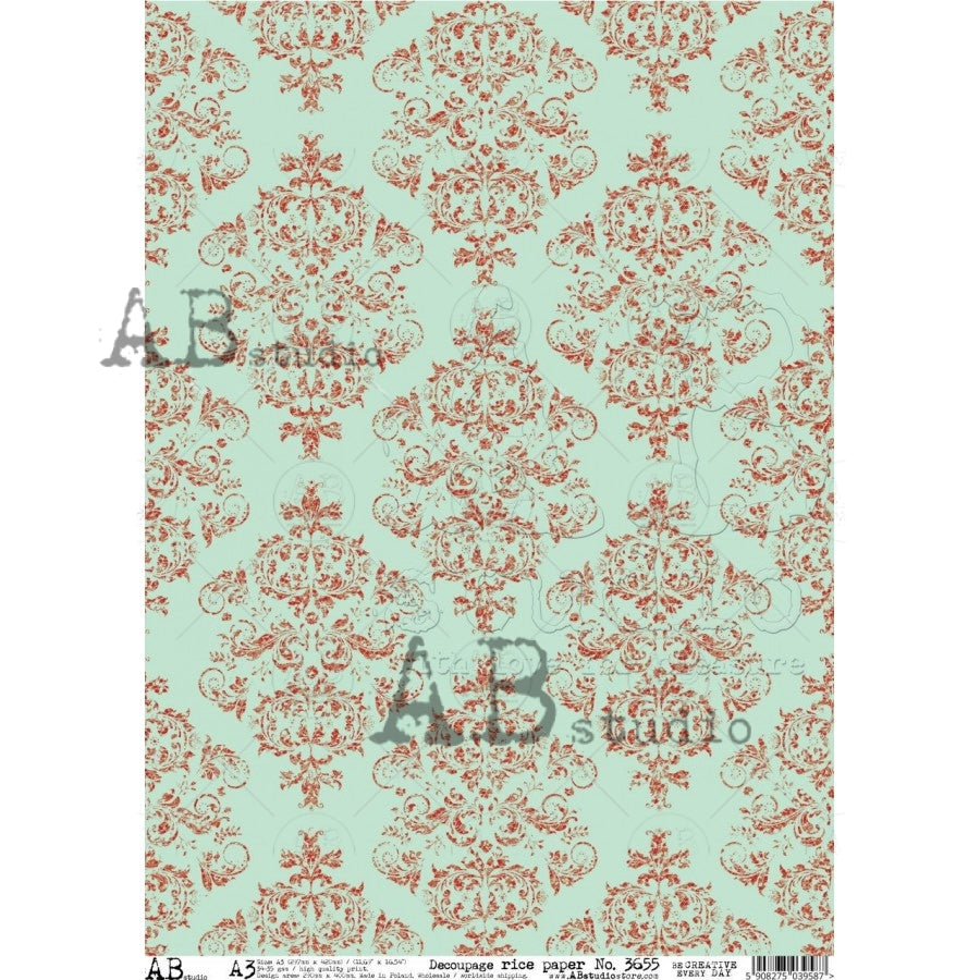 A3 Damask in Red & Teal Decoupage Rice Paper (AB Studio no 3655)