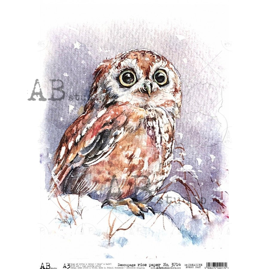 A3 Snowy Woodland Owl Decoupage Rice Paper (AB Studio No3714)