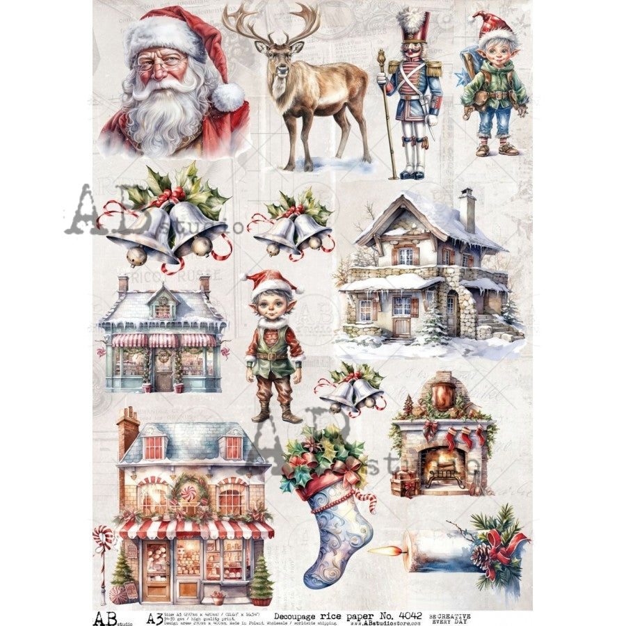 A3 Vintage Christmas Ephemera Decoupage Rice Paper (AB Studio No4042)