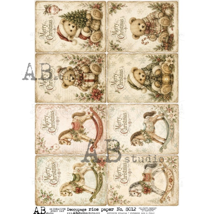 A4 Vintage Christmas Tags Decoupage Rice Paper (AB Studio No8012)